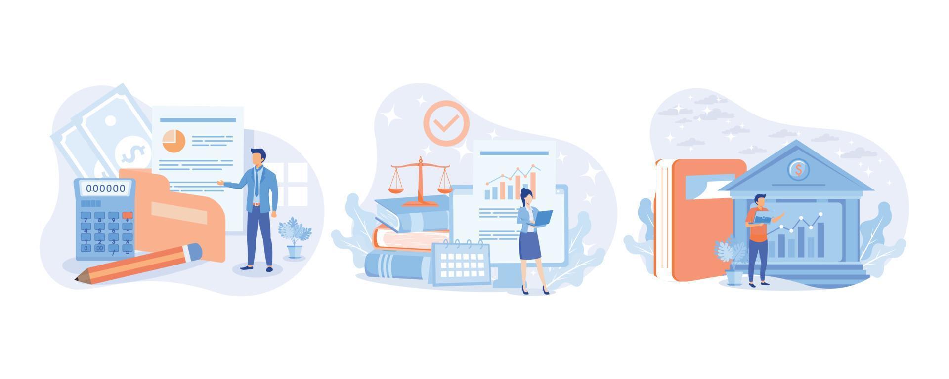 Financial illustration set. Lawyers working with public finance, tax law and other economics branches. Government spending, revenue and taxation concept.set  flat vector modern illustration