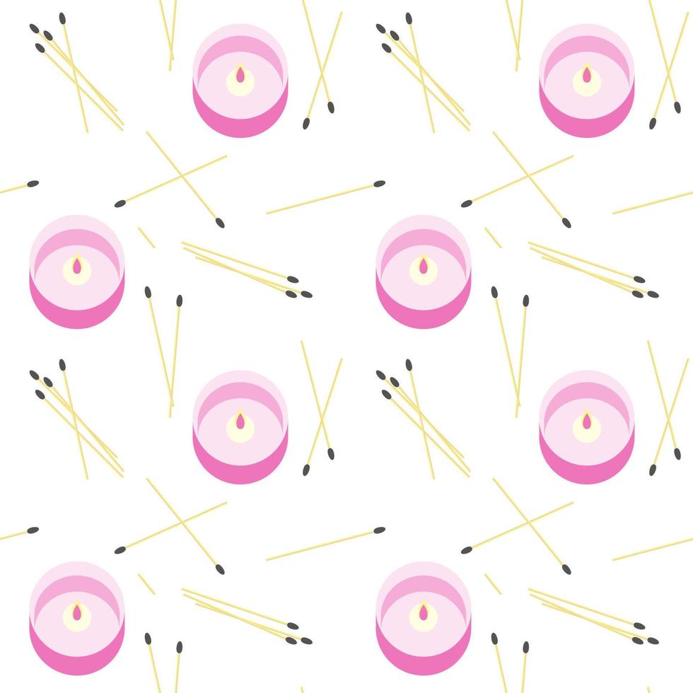 Pattern with Candles, fire and matches, pink color, spa treatments, aromatherapy. vector