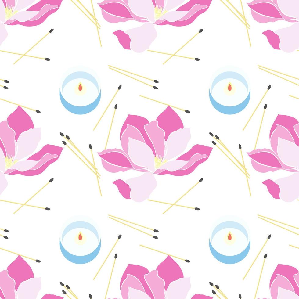 Pattern with Magnolia and blue Candles, fire and matches, spa treatments, aromatherapy. vector