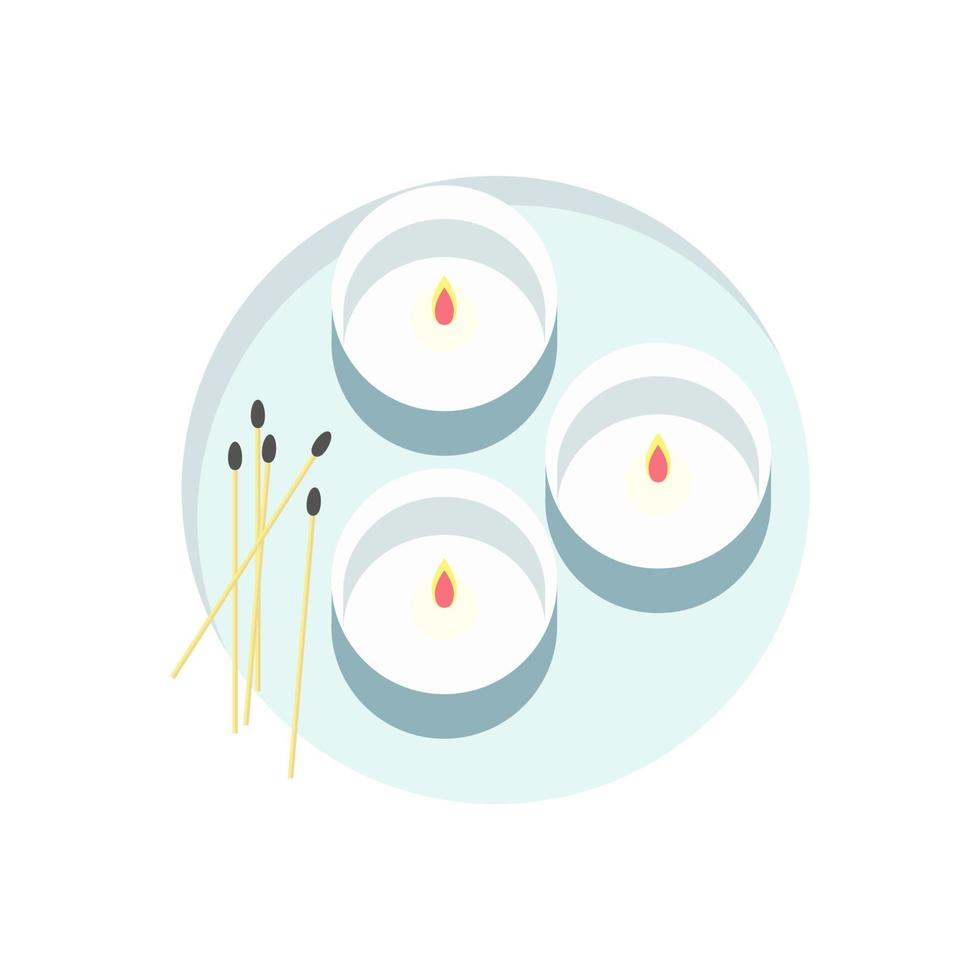 Candles round with fire and set of matches, on stand, spa treatments, aromatherapy. vector