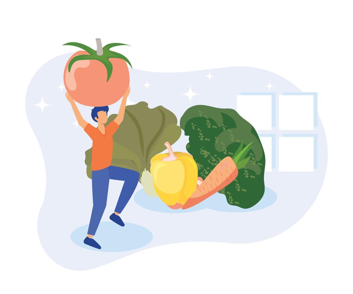 ilustración de estilo de vida sostenible. personas que recolectan basura plástica en el contenedor de basura de reciclaje, tratando de hacer cero desperdicio y siguiendo una dieta vegana. ilustración moderna de vector plano