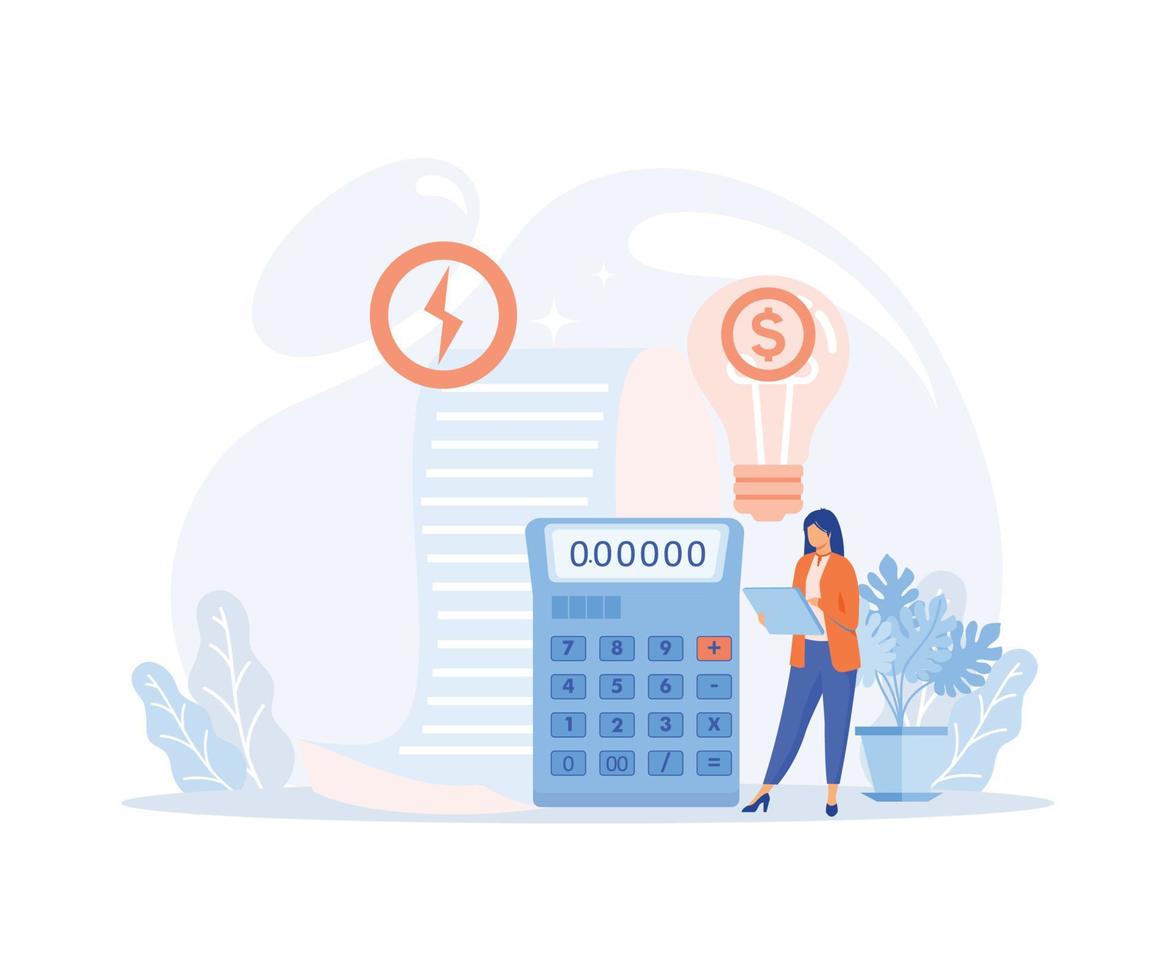 Sustainability illustration. Characters calculating and paying electricity, utilities and household invoice bills. Home finances management and sustainable housing concept. vector