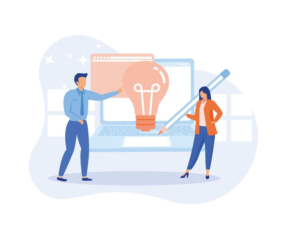 Idea finding illustration. Characters standing near light bulbs and celebrating success. People generating creative business ideas. Business solution concept. flat vector illustration