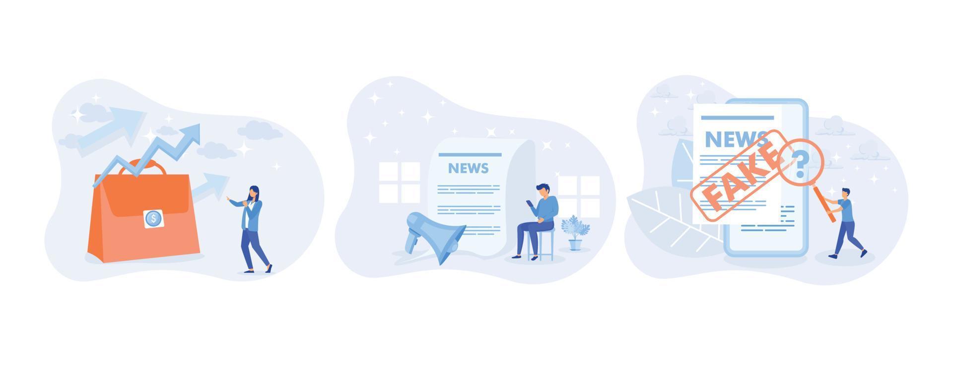 Healthy nutrition illustration set. Characters reading financial, economical and world news in newspaper. People analyzing fake information in social media. set  flat vector modern illustration
