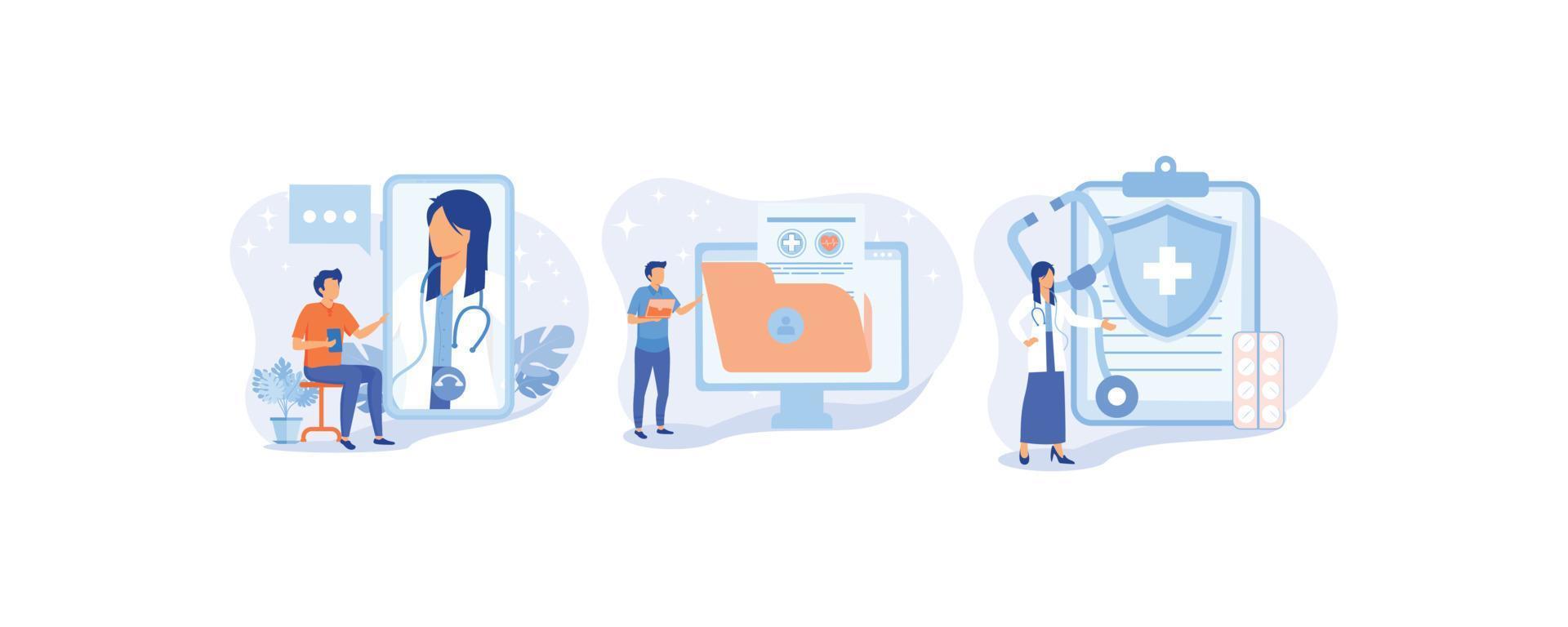 conjunto de ilustración médica. médico en el hospital que presenta pacientes emrs, seguro médico y otros servicios médicos en línea. concepto de registro de salud electrónico.establecer ilustración moderna de vector plano