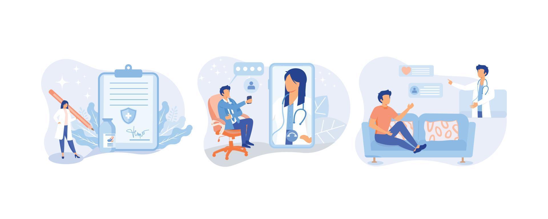 Online medicine service illustration set. Patients meeting with doctors online, having consultation and receiving digital prescription. Telemedicine and healthcare concept. vector