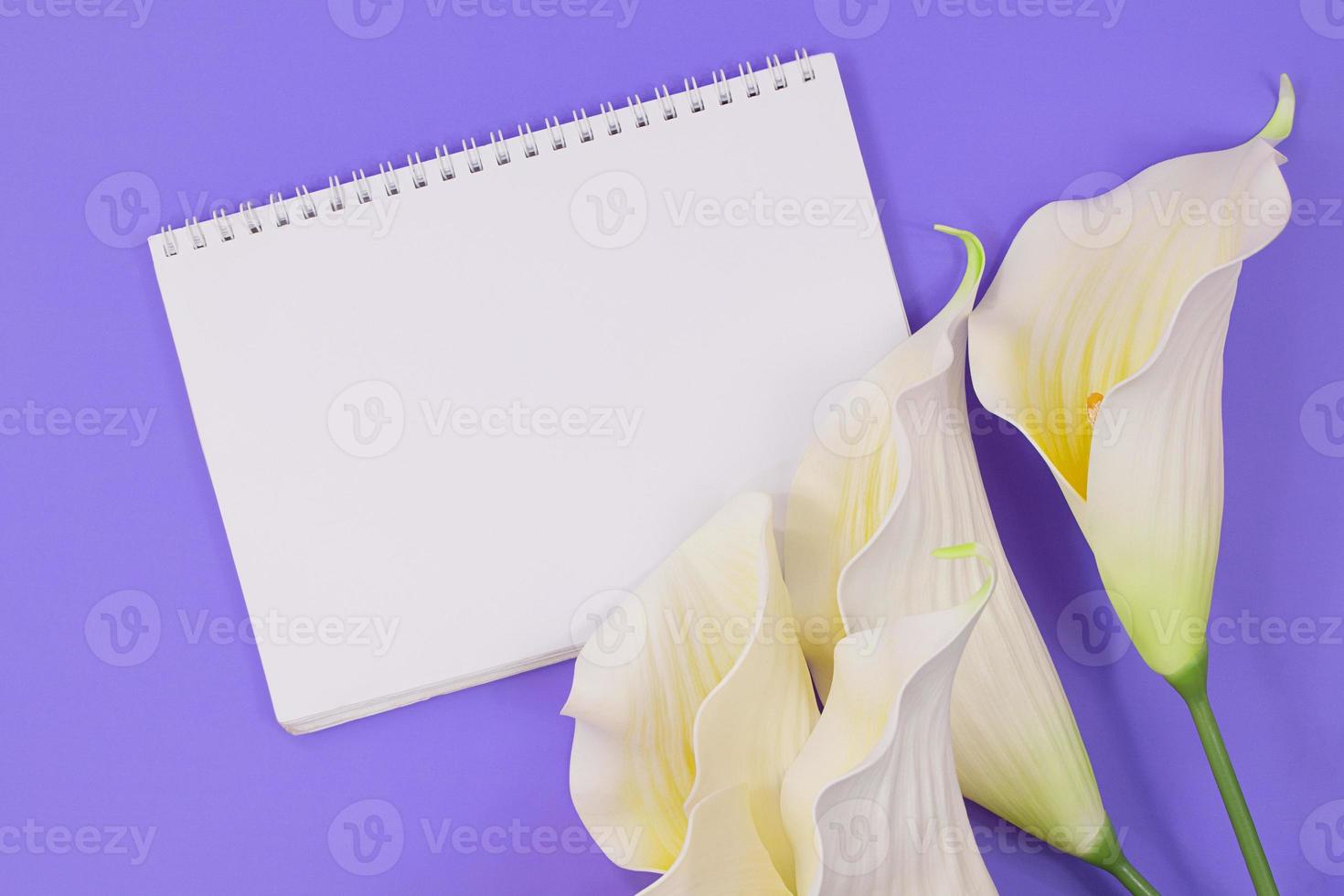 Empty notebook and callas on lilac background. Invitation, birthday, March 8, International women's, mother's day. Copy space photo