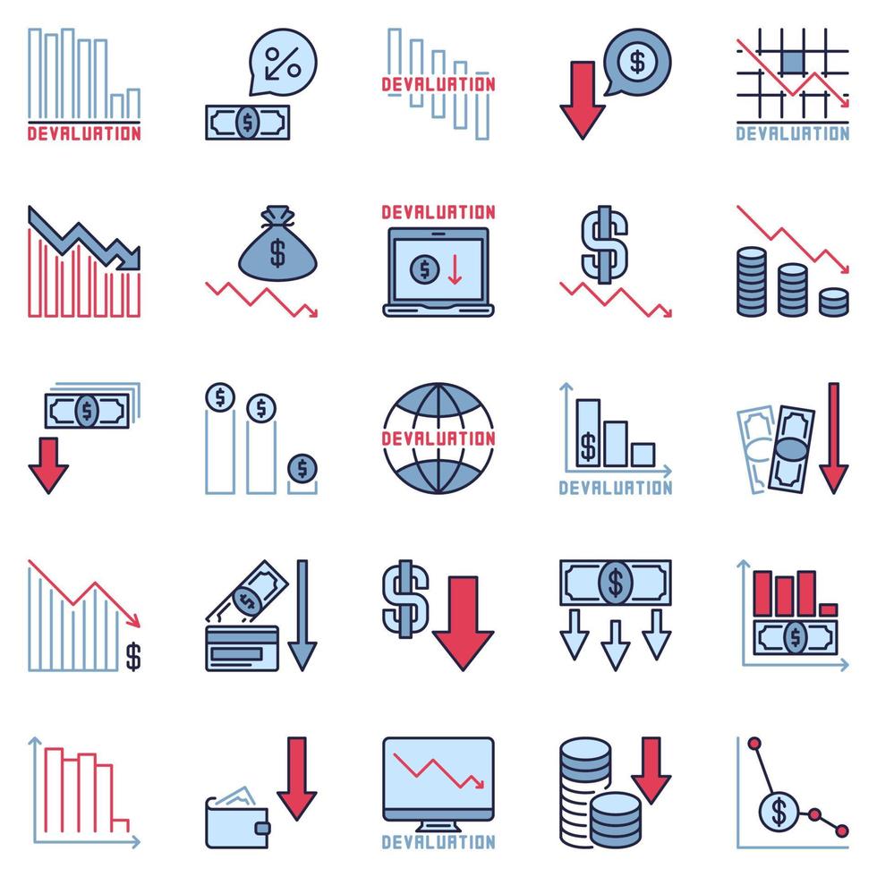 Devaluation colored icons. Vector set of Currency Depreciation signs