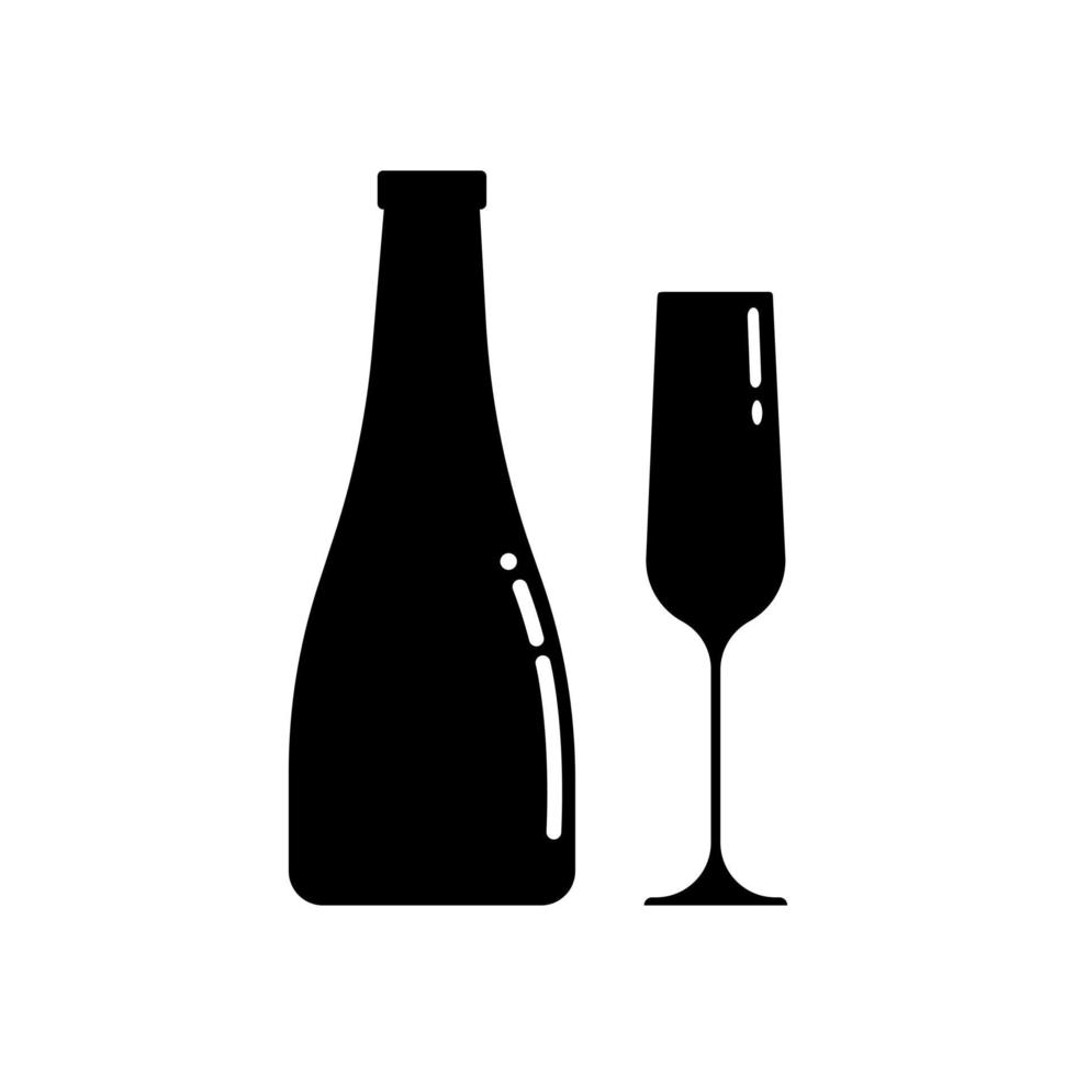 Set of alcohol bottle and glass silhouettes. Vector clip art isolate on white. Simple minimalist illustration in black color