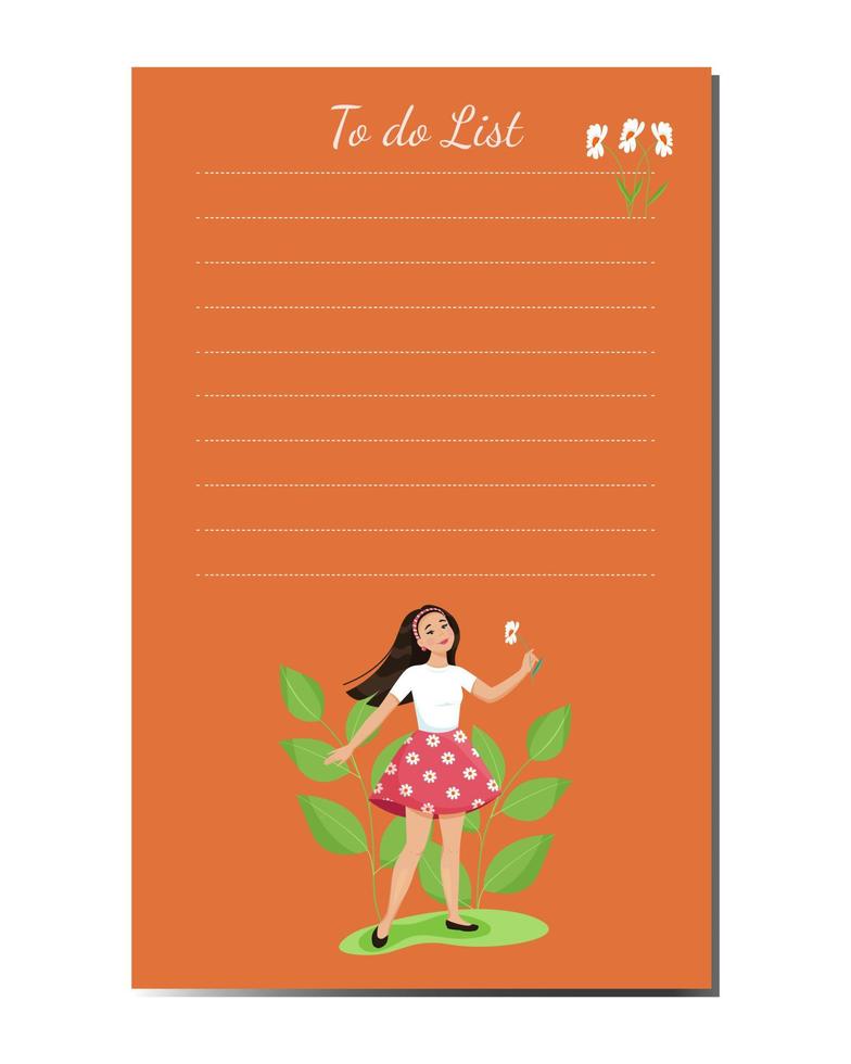 Vector to-do list template with a design of a cute girl with a flower in her hand. Personal diary page