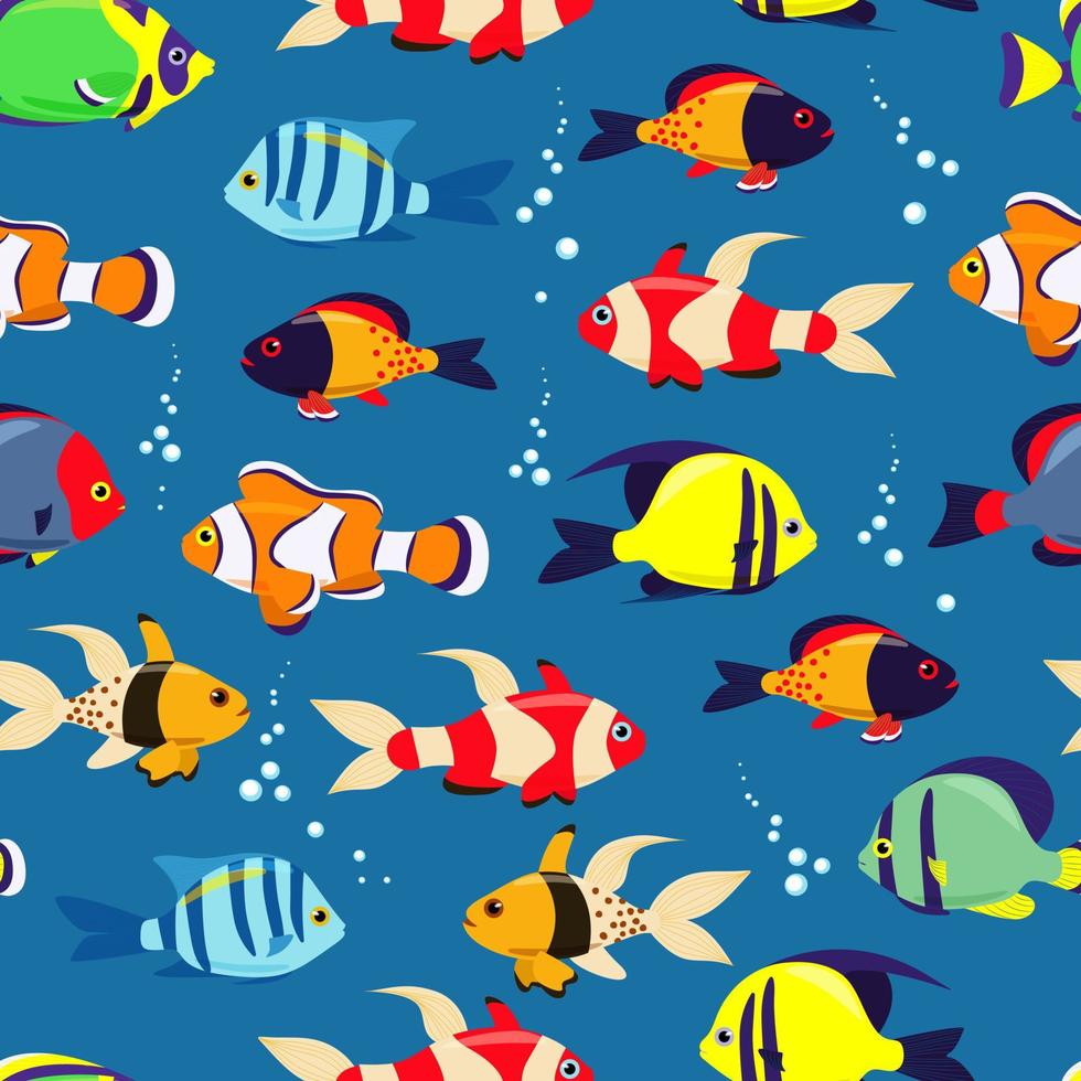 Exotic sea fish seamless pattern. Sea fish in flat style. Vector illustration