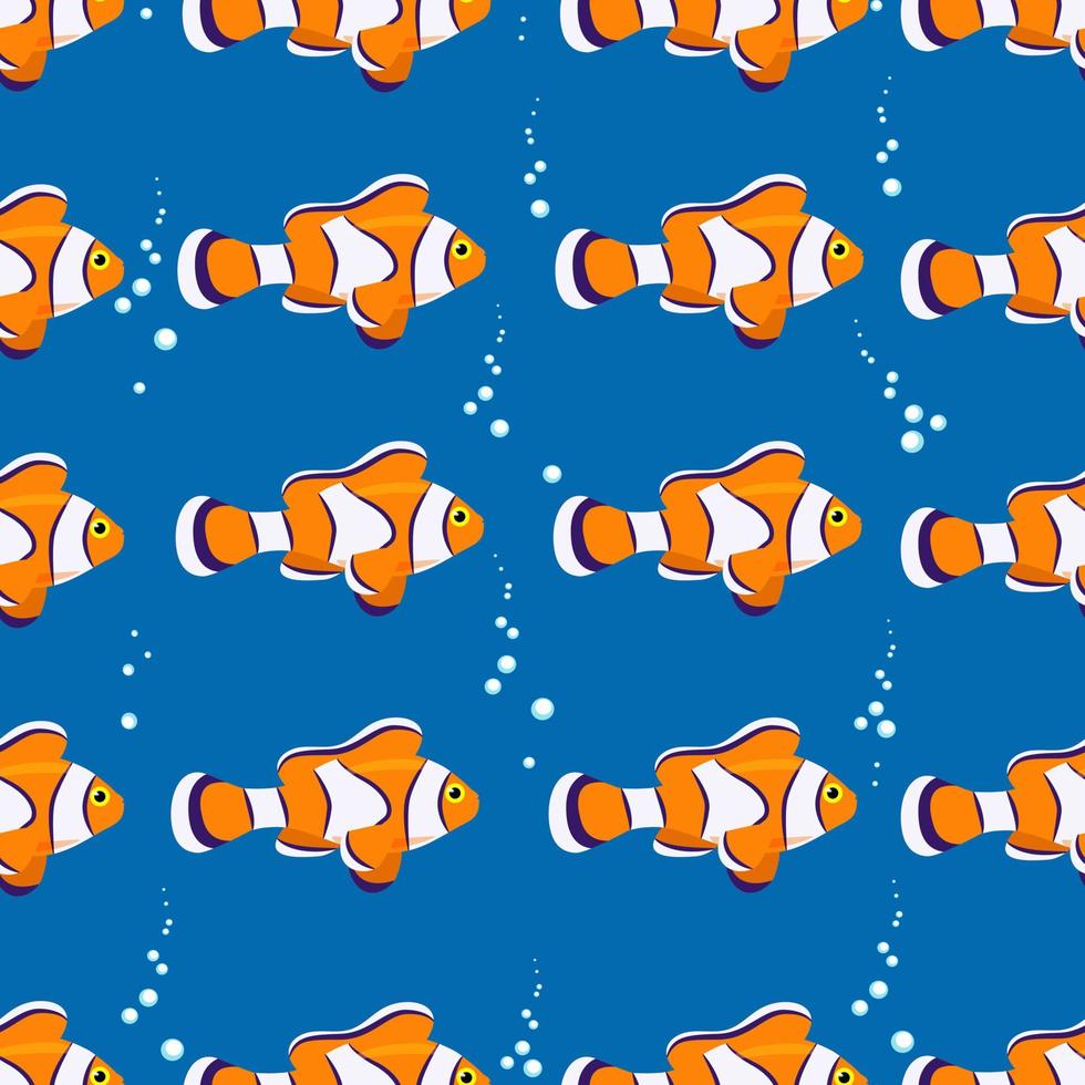 Exotic bright orange fish seamless pattern. Vector marine clown fish in flat style. Marine life