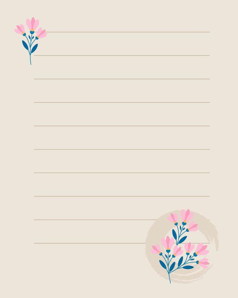 Girly diary page template design, Planner page decorated with pink flowers vector flat