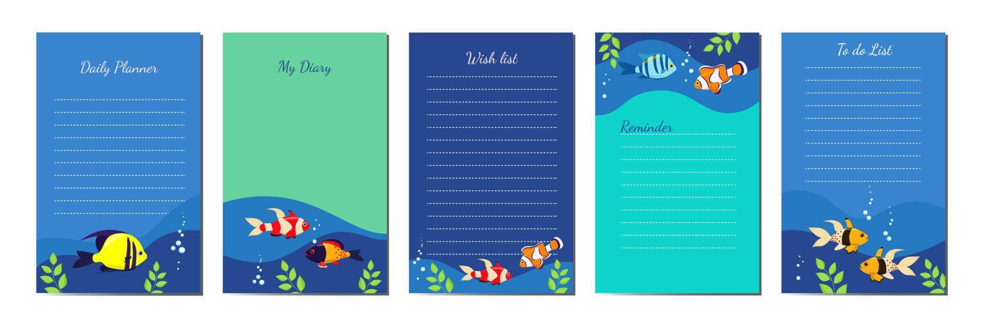 Personal diary templates decorated with sea fish. Vector cartoon design, cute exotic sea fish and seaweed