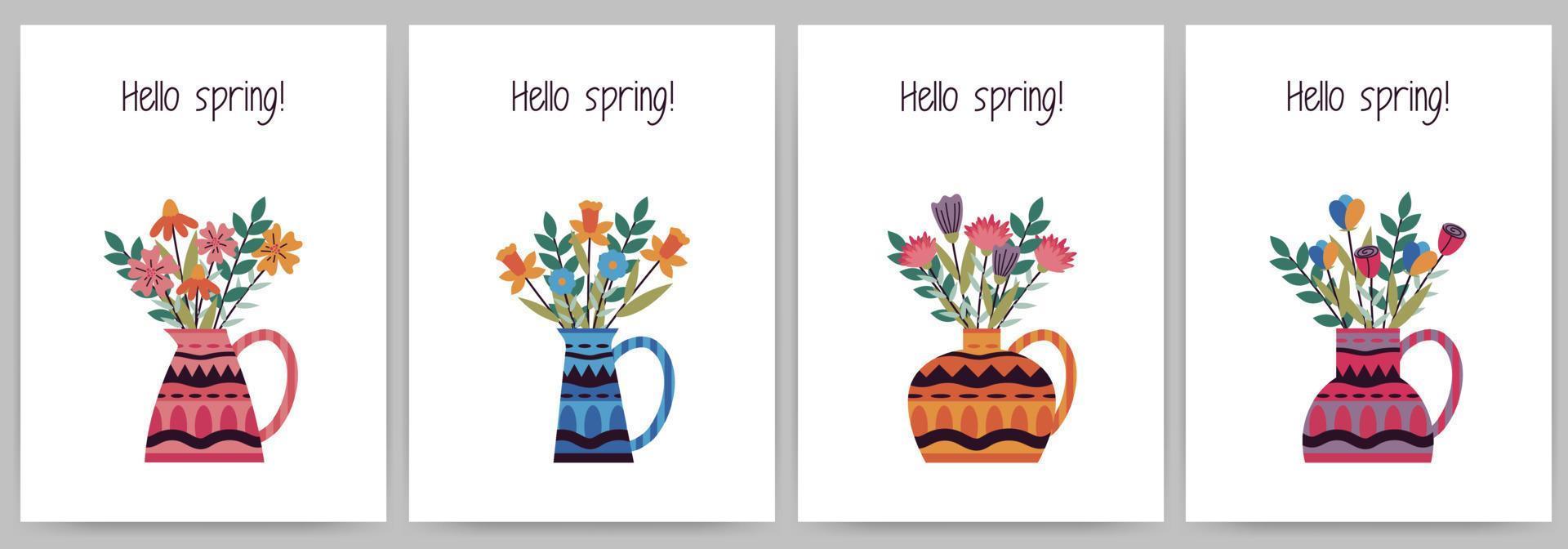 Set of postcards, invitations, hello spring. Rectangular templates with flowers in a vase and text. Vector illustration isolated on white background.