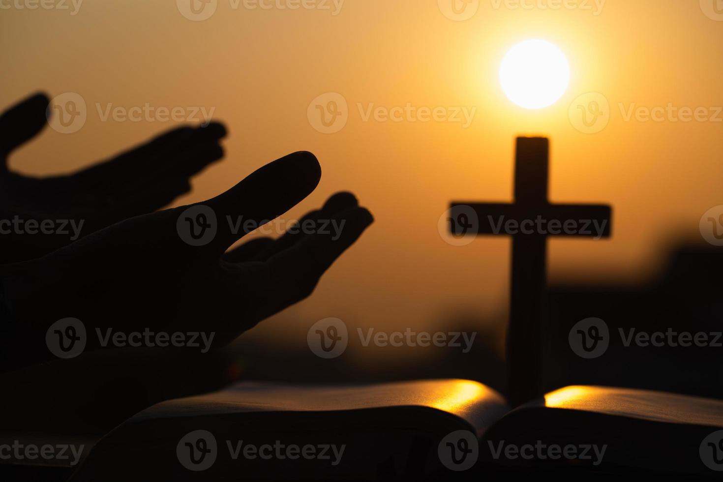 Human hands open palm up worship. Praying to God. Eucharist Therapy Bless God Helping Repent Catholic Easter Lent Mind Pray. Christian Religion concept background. photo