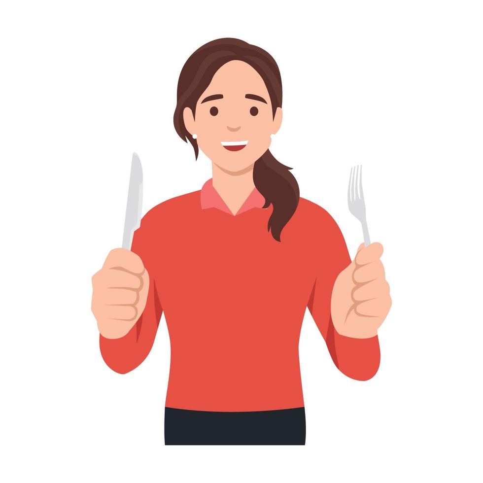 mujer joven con tenedor y cuchillo. mujer hambrienta esperando comida. ilustración vectorial plana aislada sobre fondo blanco vector