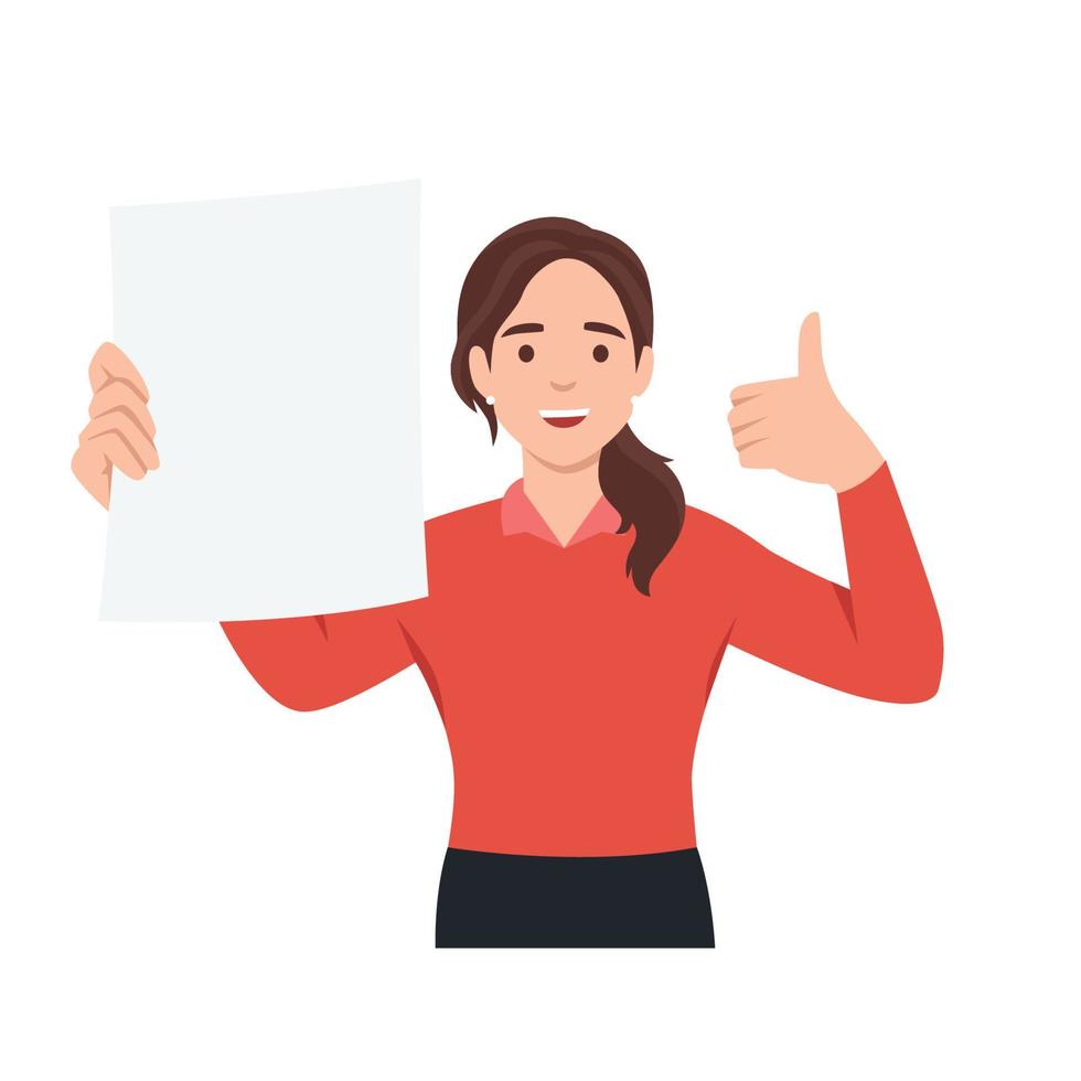 Happy young woman holding a blank or empty sheet of white paper or board and gesturing thumbs up sign. Human emotion  body language. Flat vector illustration isolated on white background