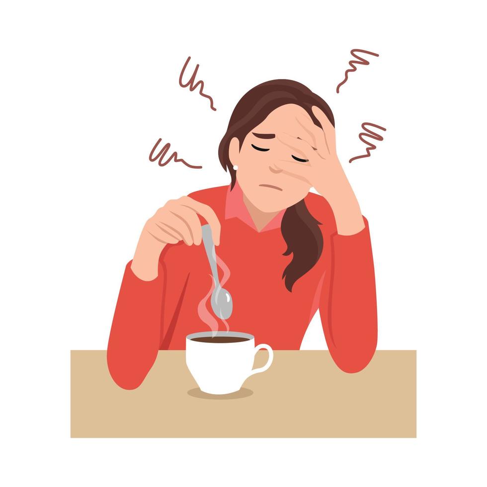 mujer joven agotada sentarse en la mesa beber café sentir fatiga o somnolencia. las mujeres cansadas sufren de exceso de trabajo falta de energía necesitan cafeína. ilustración vectorial plana aislada sobre fondo blanco vector