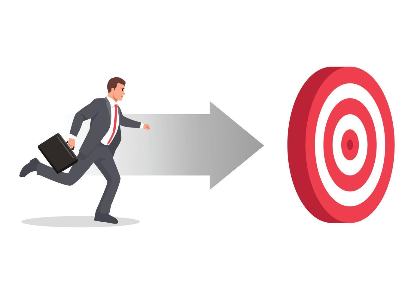 Young businessman running after his career goal. Progress to goal or reaching business target, motivation or challenge to achieve success, career growth or improvement concept.Flat vector illustration