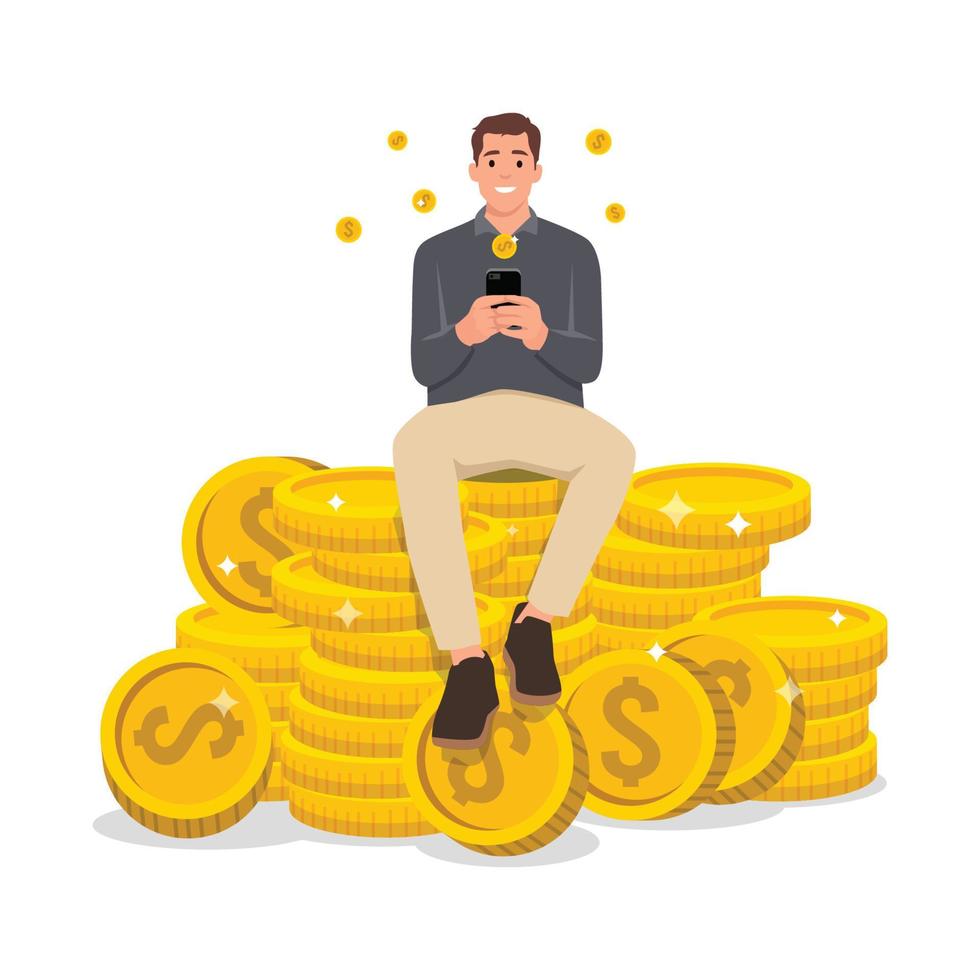 joven hombre de éxito sentado en un montón de monedas de dólar. mucho dinero y monedas. éxito financiero, riqueza monetaria. ilustración vectorial plana aislada sobre fondo blanco vector