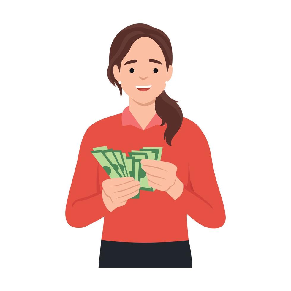 Young rich woman holding dollar bills in hands excited with win or promotion. Happy female count money joyful with income or revenue. Flat vector illustration isolated on white background