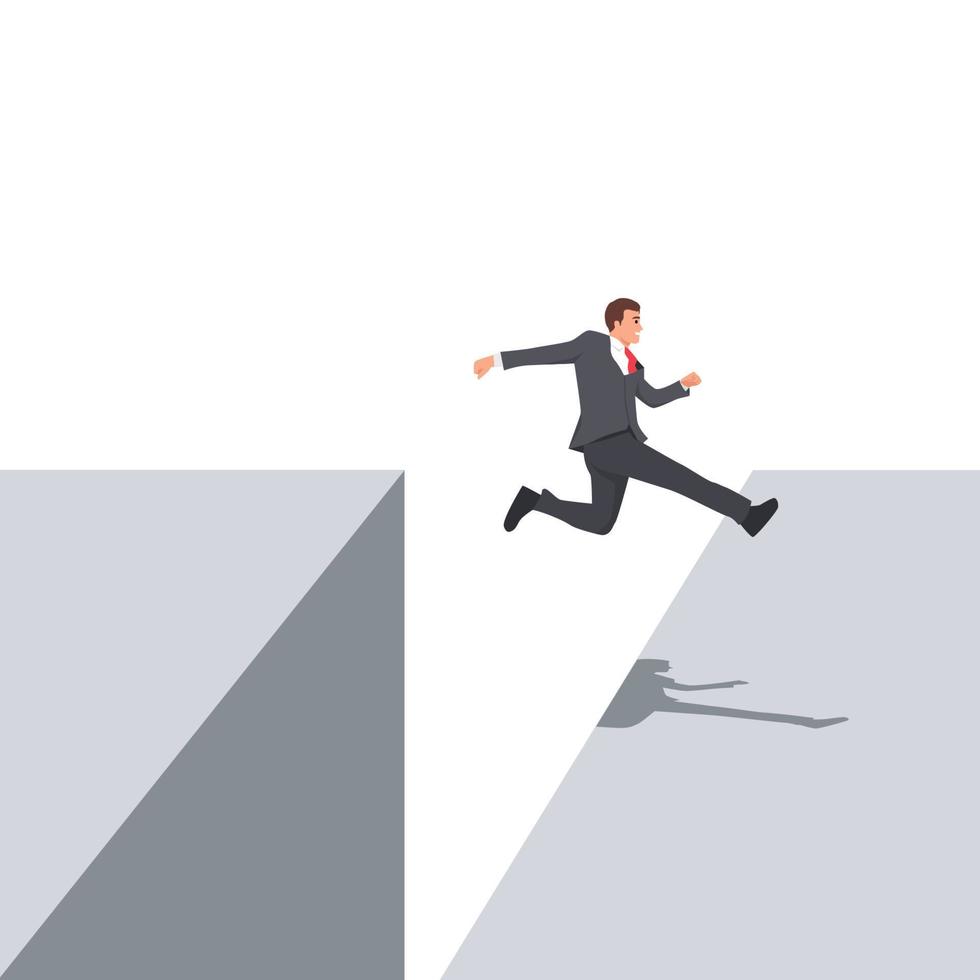 hombre de negocios salta a través de la brecha en las rocas. un empleado con un salto corriendo de un acantilado a otro. ilustración vectorial plana aislada sobre fondo blanco vector