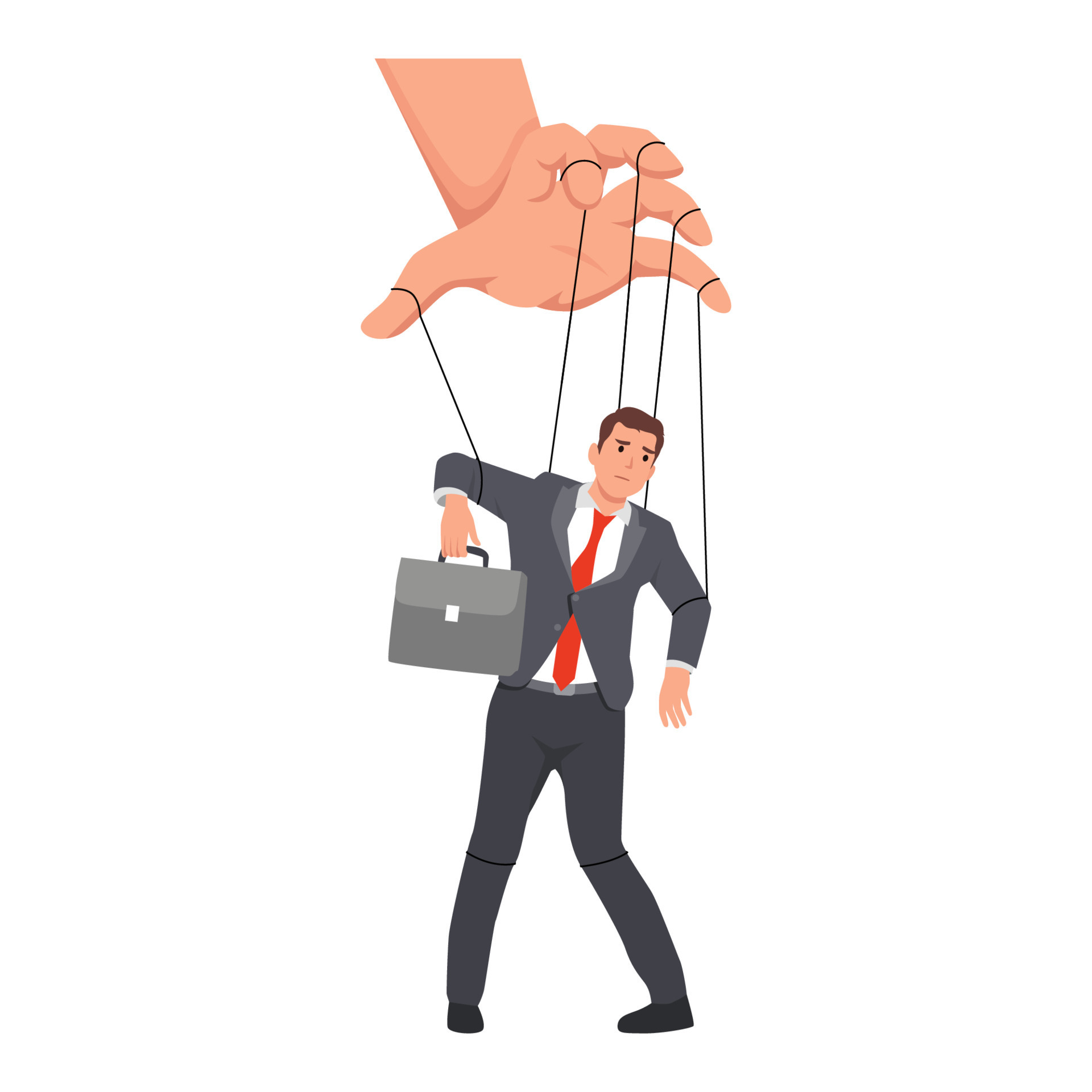 Illustration of a puppet master controlling a businessman. Flat vector