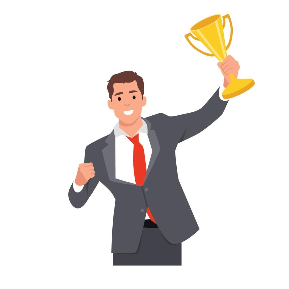 joven empresario feliz celebrar la victoria. ganador de copa inspiración y motivación. ilustración vectorial plana aislada sobre fondo blanco vector