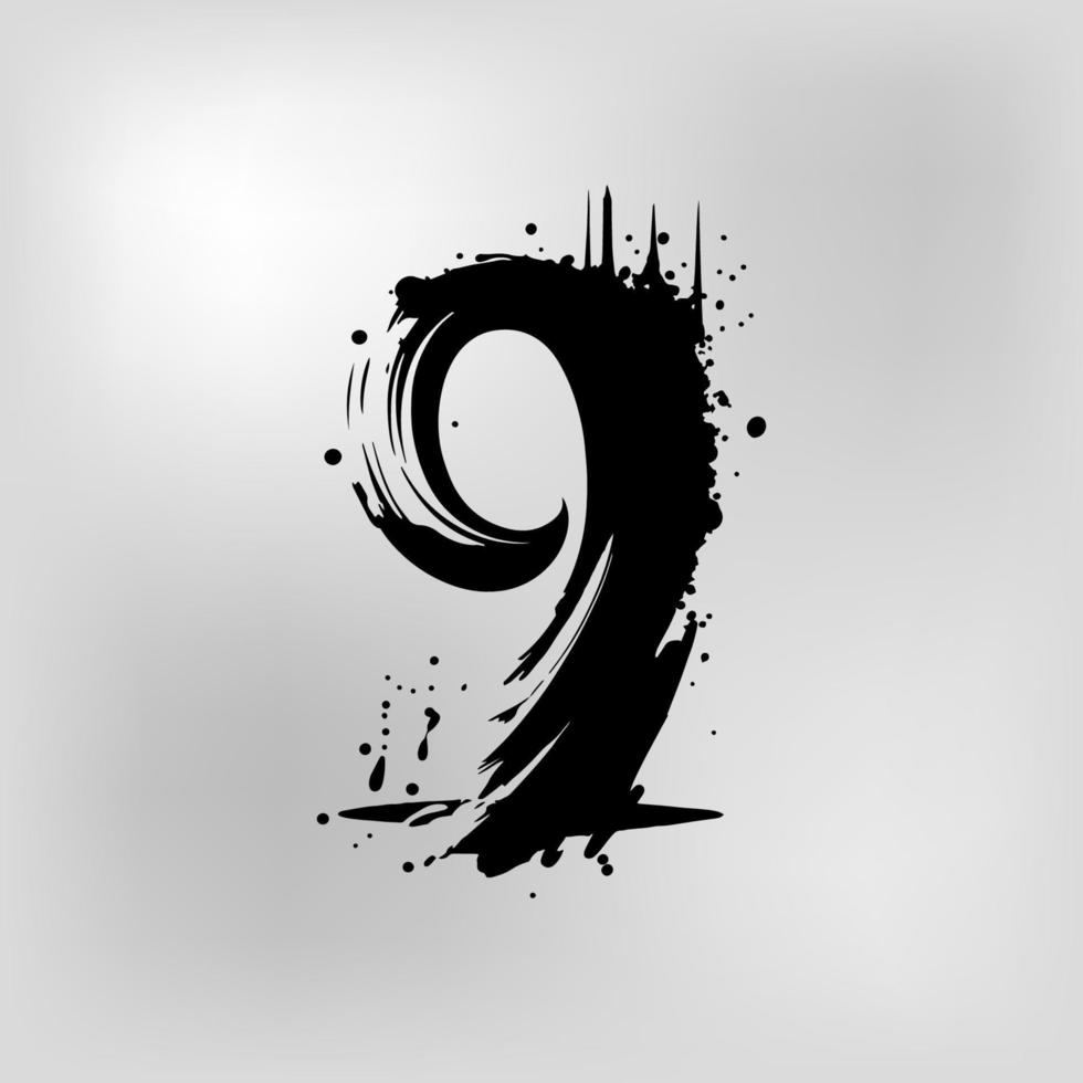 Free number 9 brush stroke distressed style typography vector