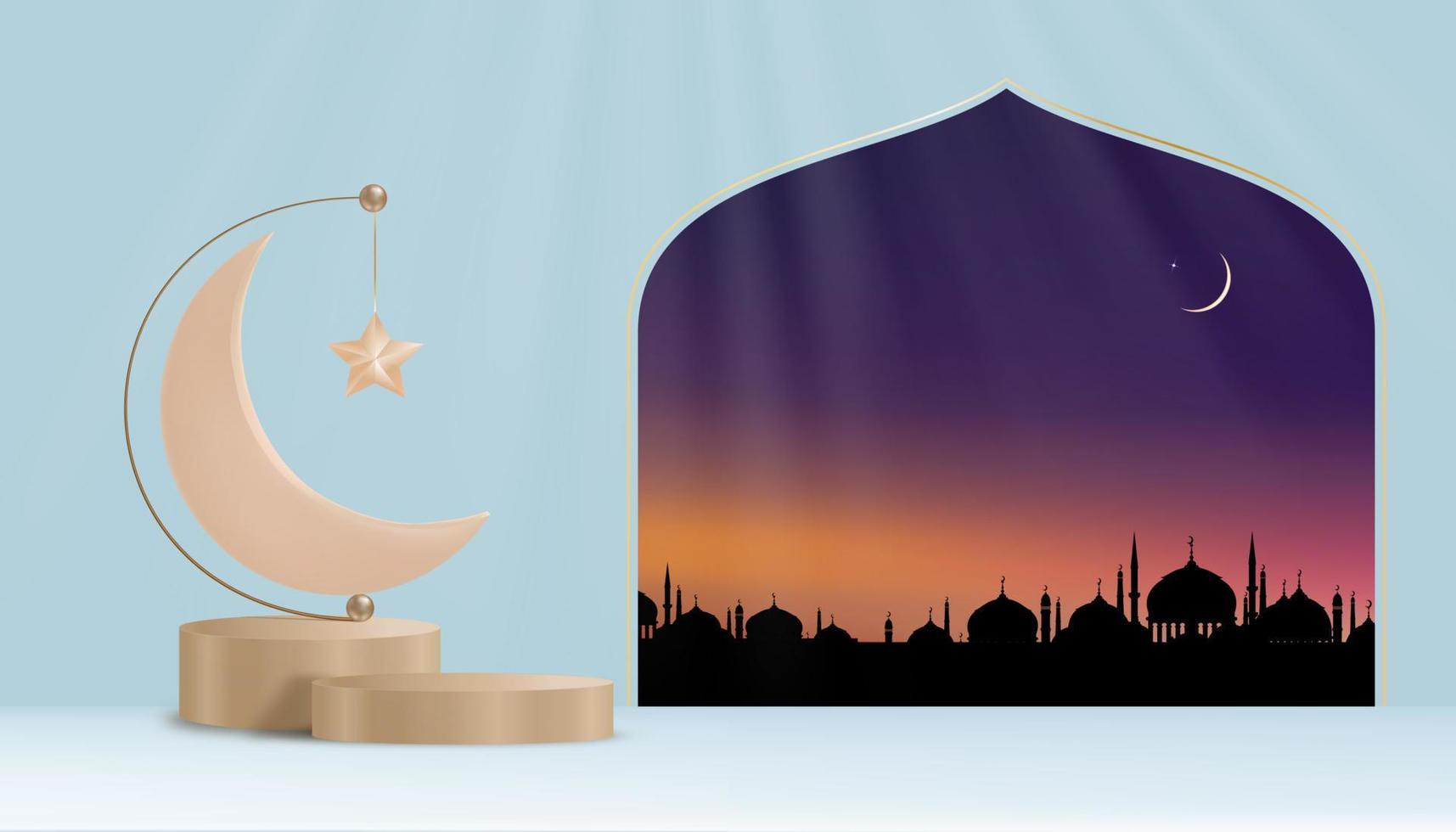 tarjeta islámica luna creciente podio 3d con mezquitas de cúpula de silueta y estrella en el fondo del cielo del atardecer, telón de fondo vectorial de la religión musulmana simbólica, eid ul fitr, ramadan kareem, eid al adha, eid mubarak vector