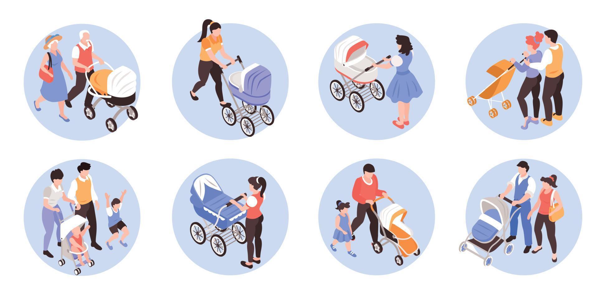 Isometric Baby Carriage Set vector