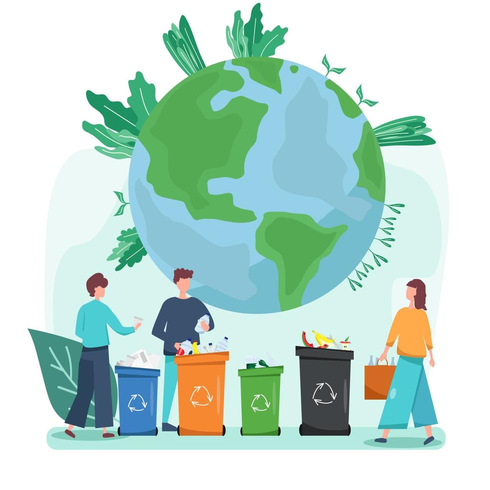 Ecology concept. People take care of planet ecology. Protect nature and ecology banner. Earth day. Globe with trees, plants and volunteer people. vector