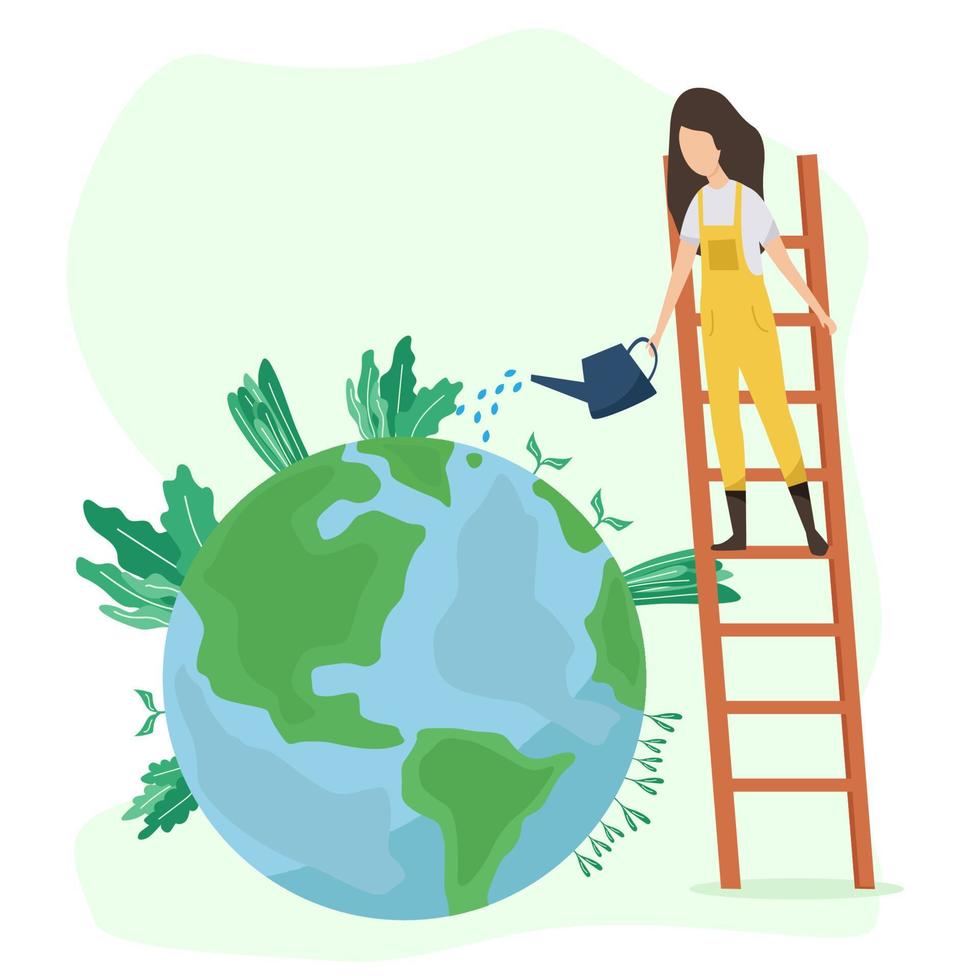 Ecology concept. People take care of planet ecology. Protect nature and ecology banner. Earth day. Globe with trees, plants and volunteer people. vector