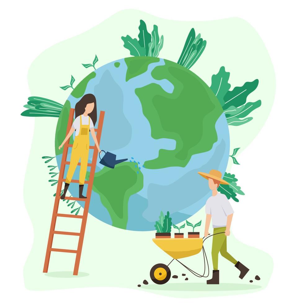 Ecology concept. People take care of planet ecology. Protect nature and ecology banner. Earth day. Globe with trees, plants and volunteer people. vector