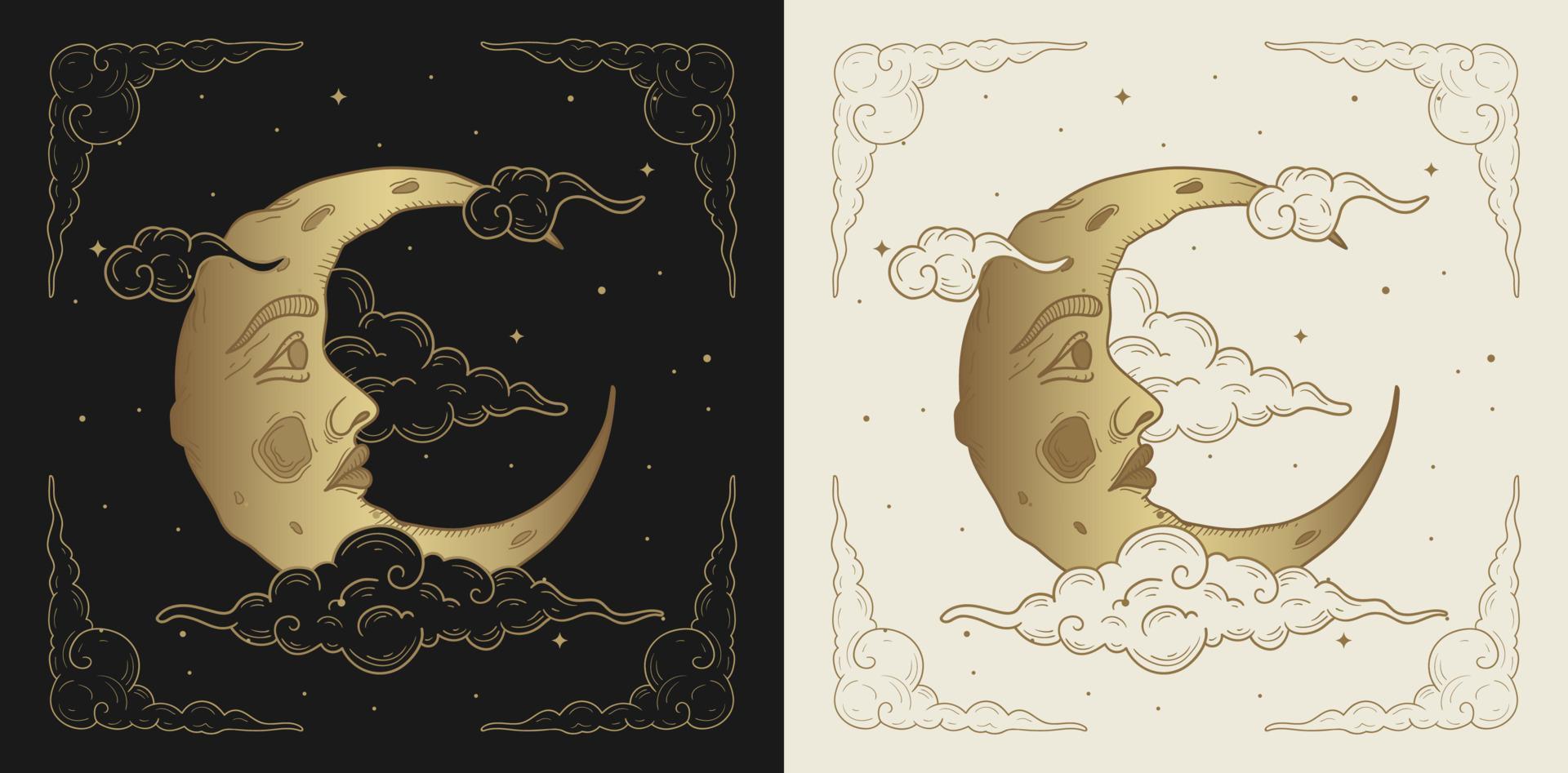 Beautiful and shining moon face. Golden art illustration vector