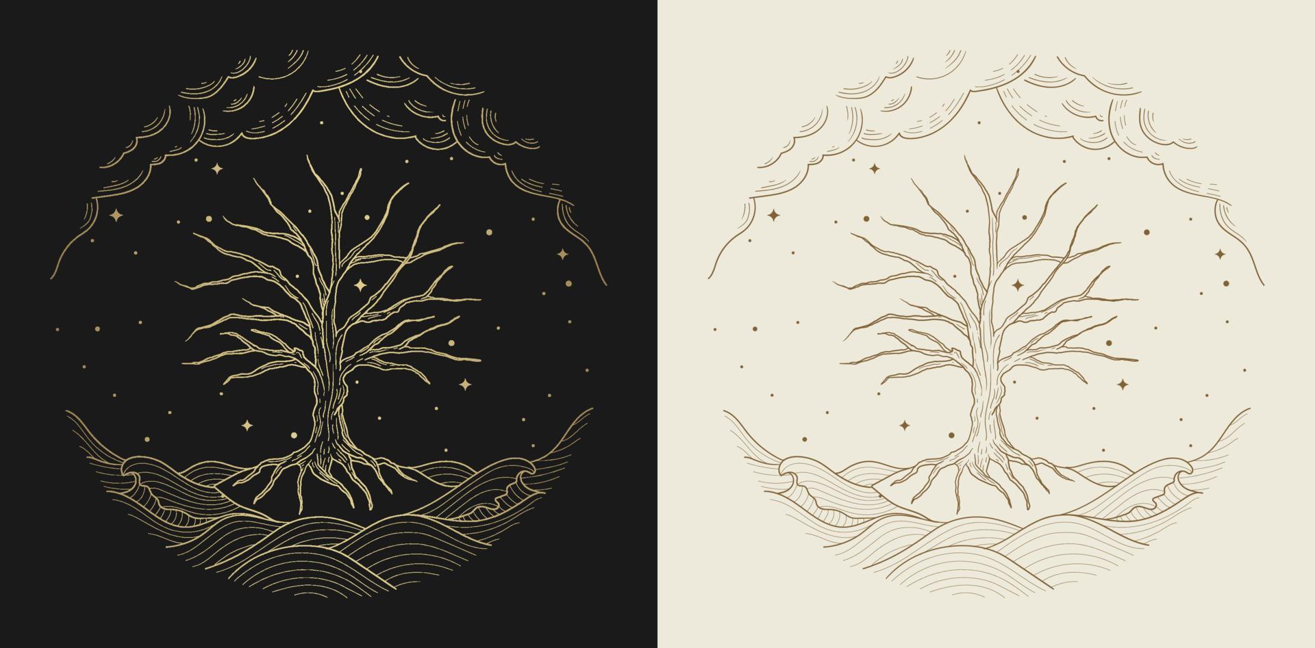 Tree of life golden vintage art illustration vector