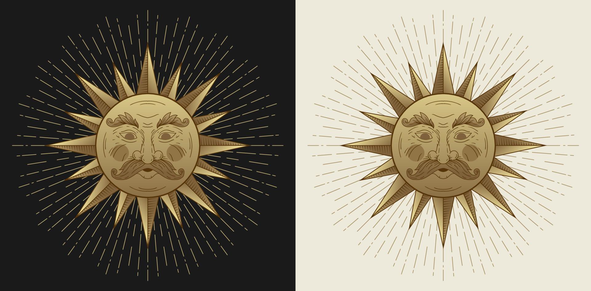 Masculine sun face golden vintage art illustration vector