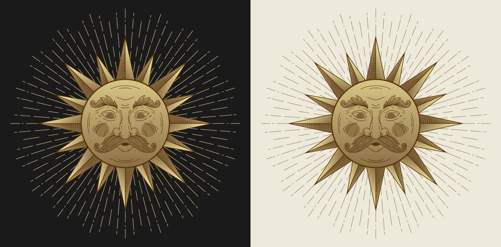 Masculine sun face golden vintage art illustration vector