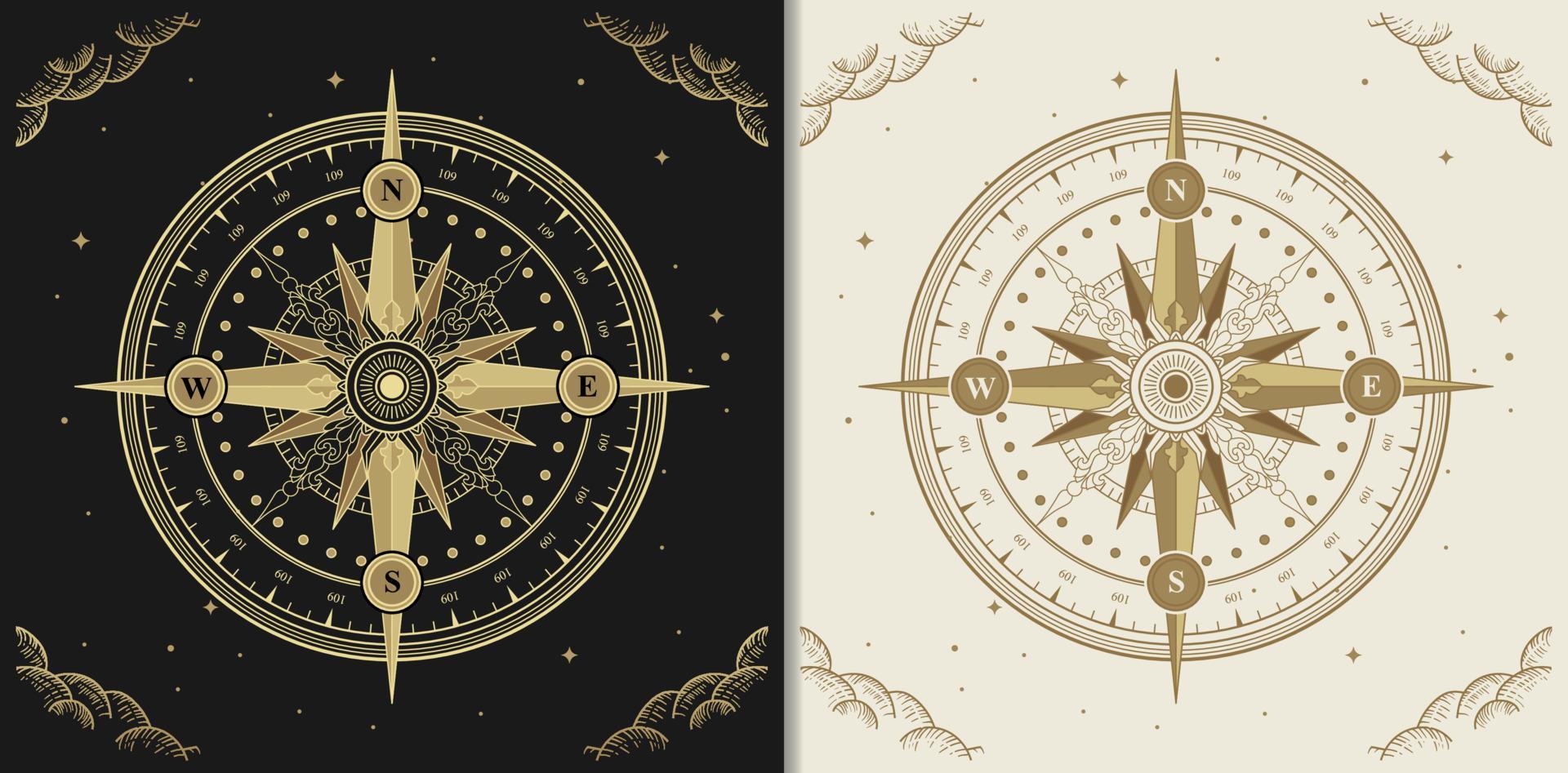 Ancient compass art golden illustration vector