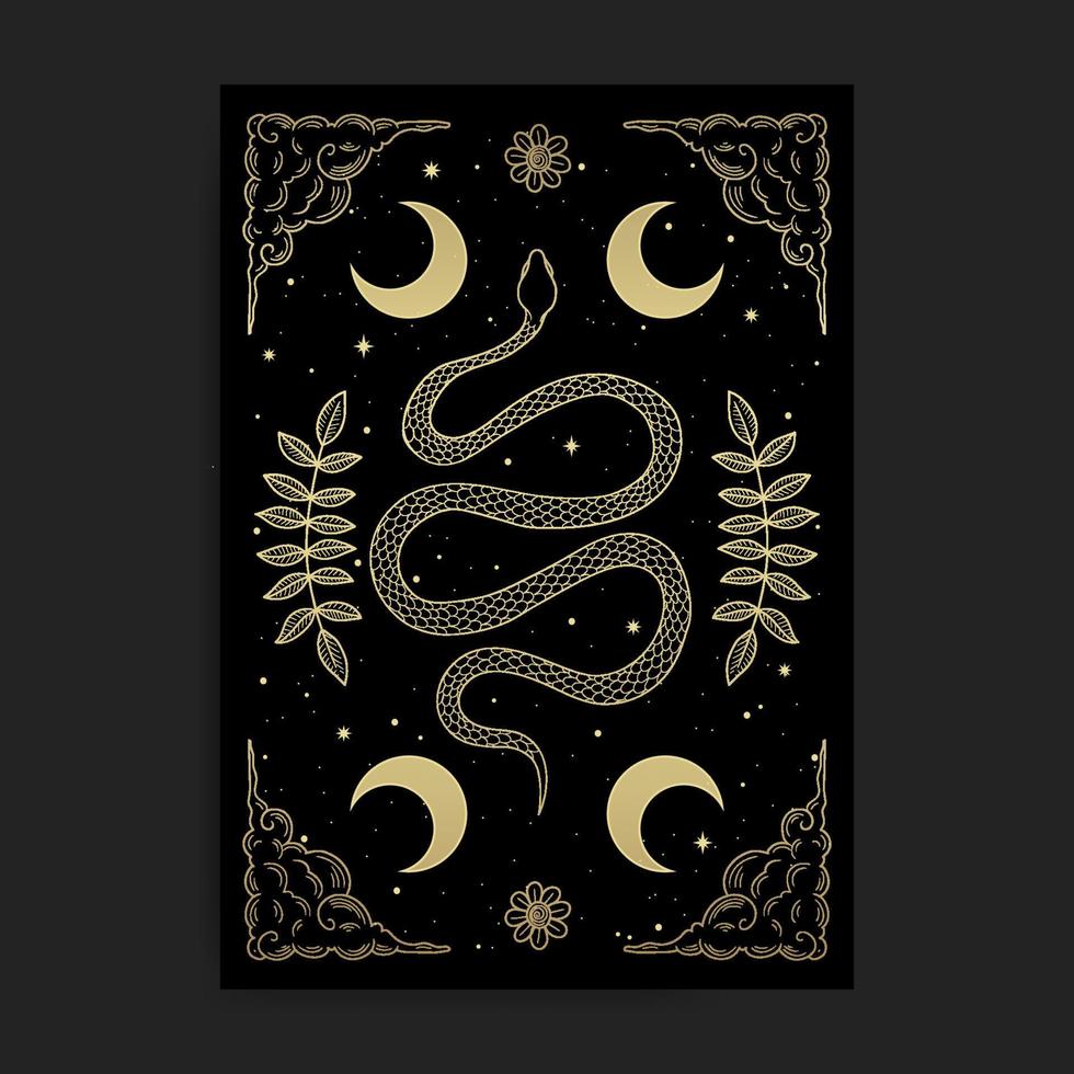 Sacred geometry snake symbol with crescent moon and leaf decoration vector