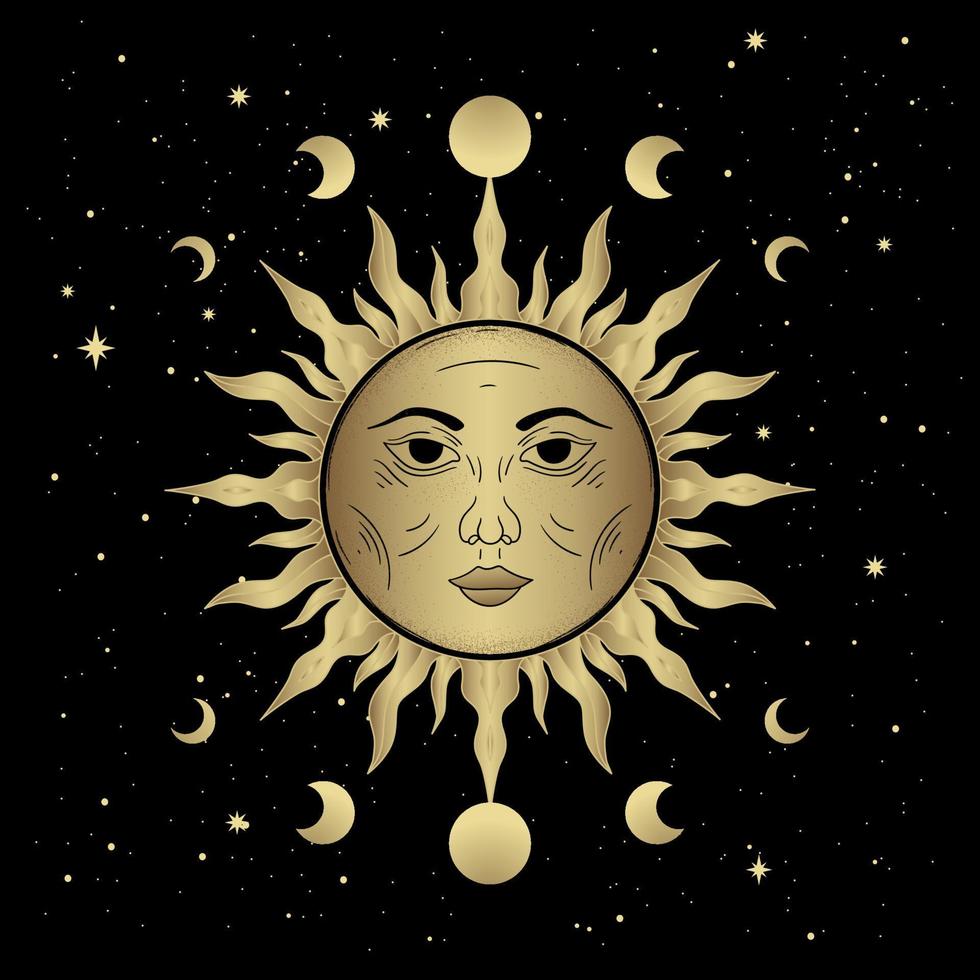 Beautiful sun face and moon phases vector