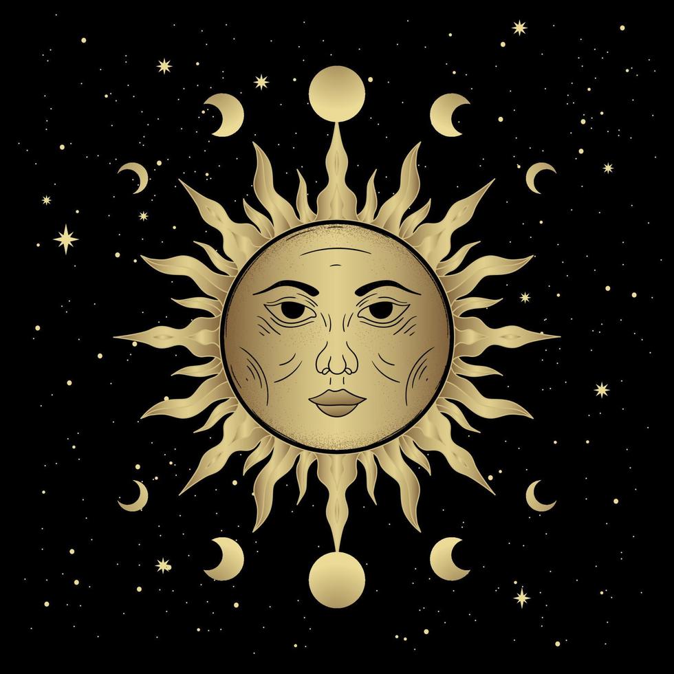 Beautiful sun face and moon phases vector