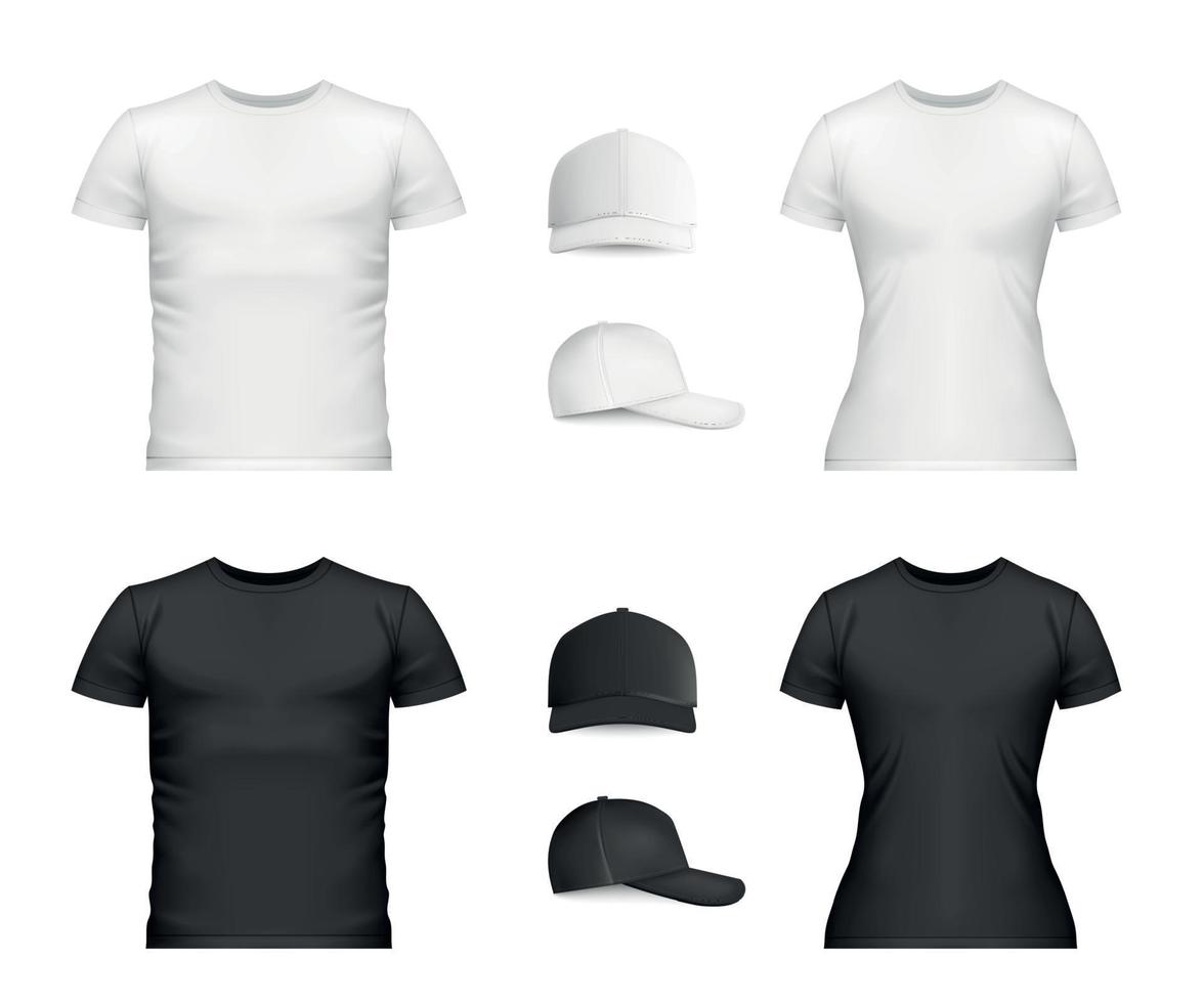 Realistic T shirt Baseball Cap Mockup Icon Set vector