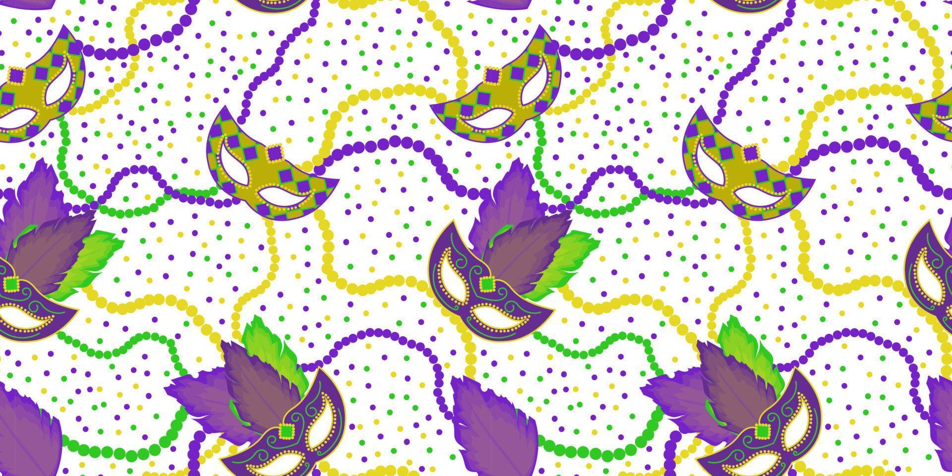 Mardi Gras seamless pattern. Masquerade mask and beads symbols of Mardi Gras. Flat style vector illustration for background and packaging, banner and fabric