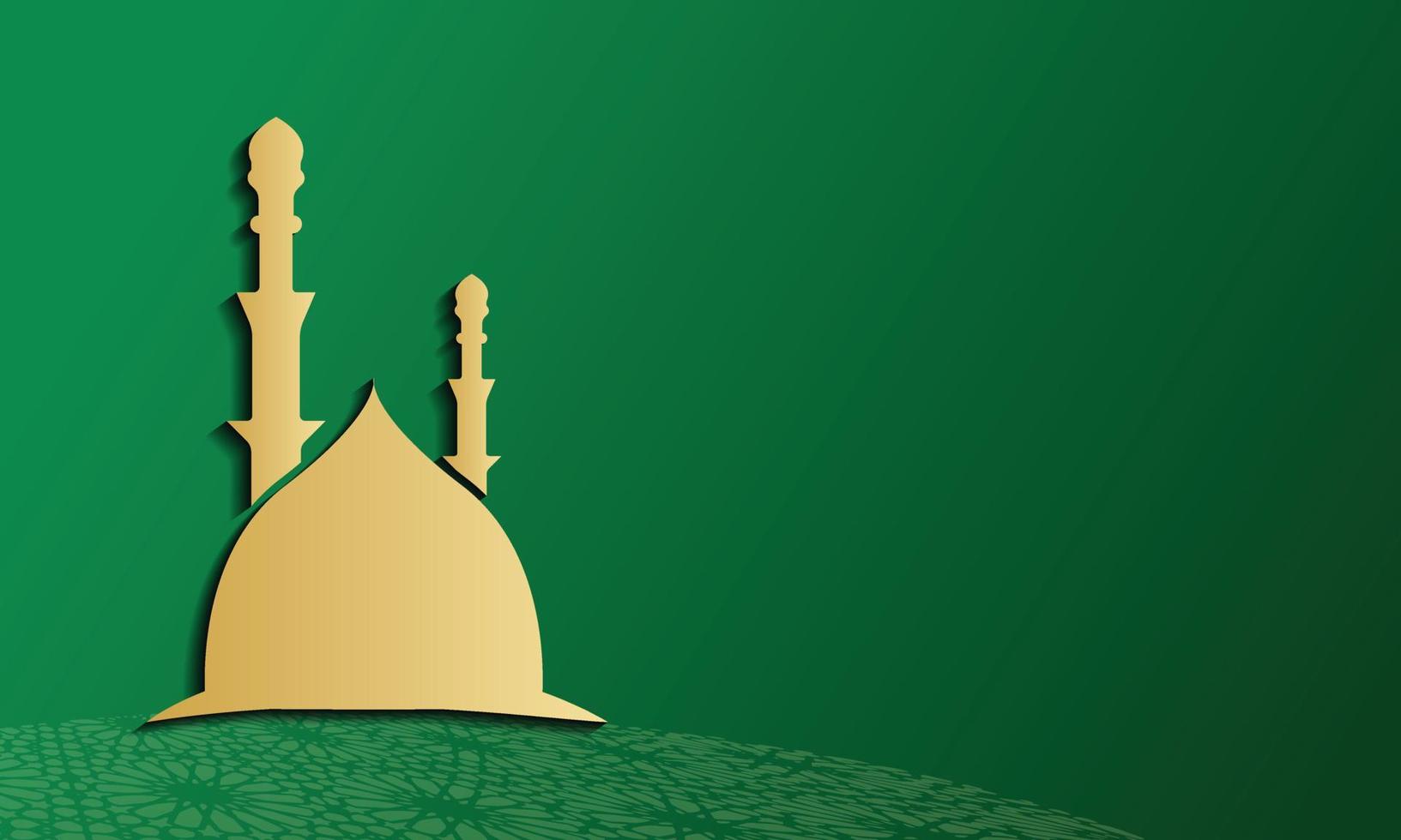 gold silhouette of Mosque on abstract green background, concept for Muslim community holy month Ramadan Kareem vector