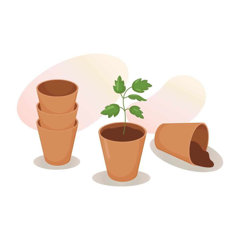 macetas con tierra, plántulas. herramientas de jardín. conjunto de artículos para jardinería doméstica, plantas de cultivo doméstico. maceteros de barro cerámico. brote verde joven. ilustración vectorial para postales, carteles, pancartas vector