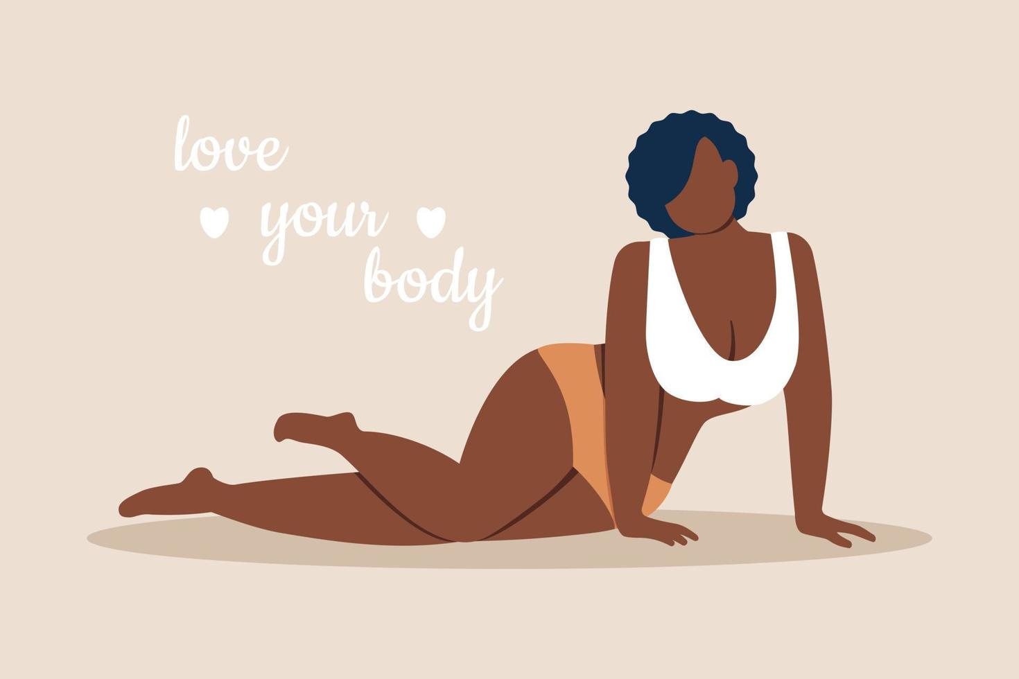 Pretty dark skinned plump woman in underwear in erotic sexual pose. Oversize woman. Love your body poster. Concept of body positive and love for your body. Beautiful female figure. Vector illustration
