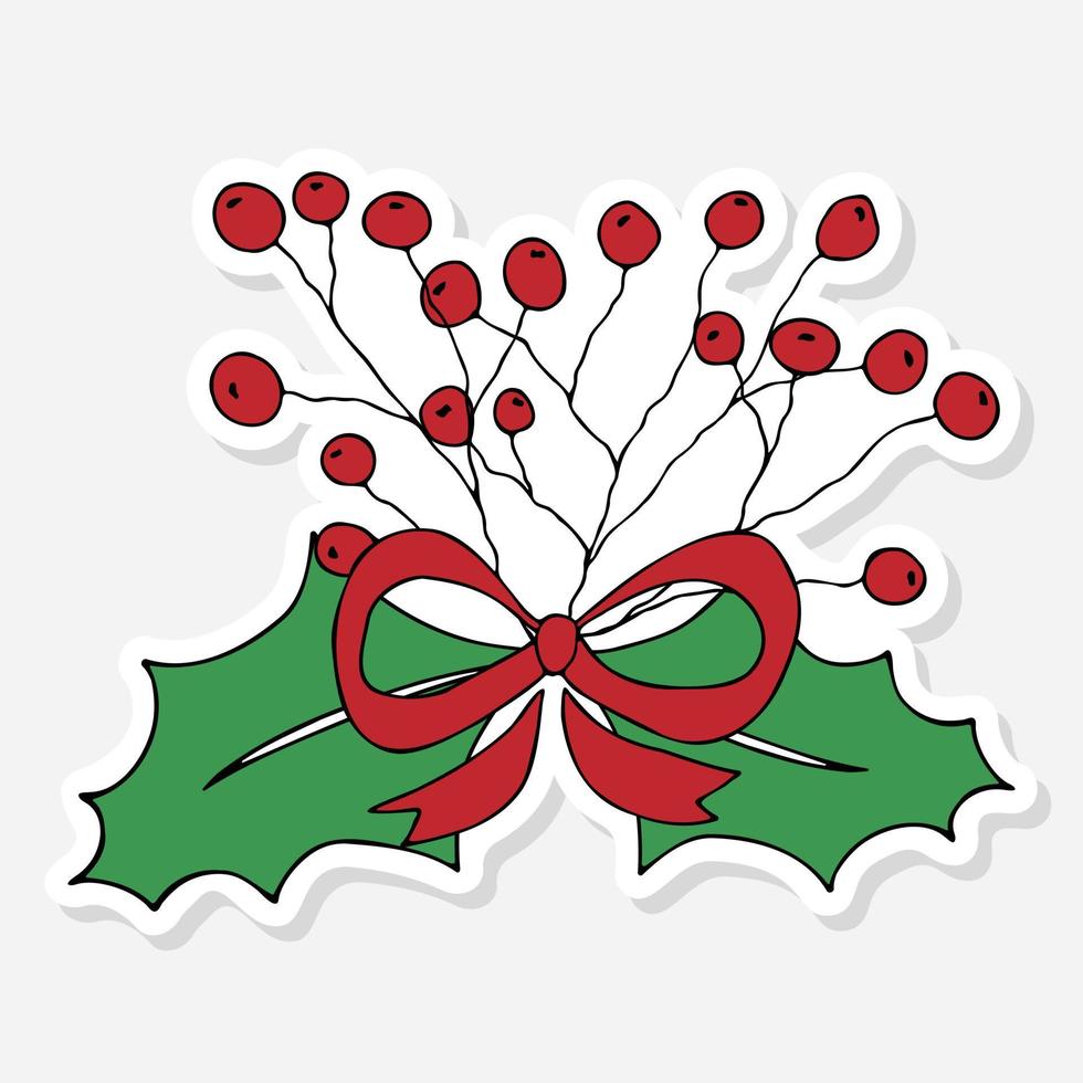 Christmas holly berries with leaves and red bow, sticker doodle for celebration decoration design. Christmas sticker in cartoon style. New year doodle vector illustration. Isolated object.