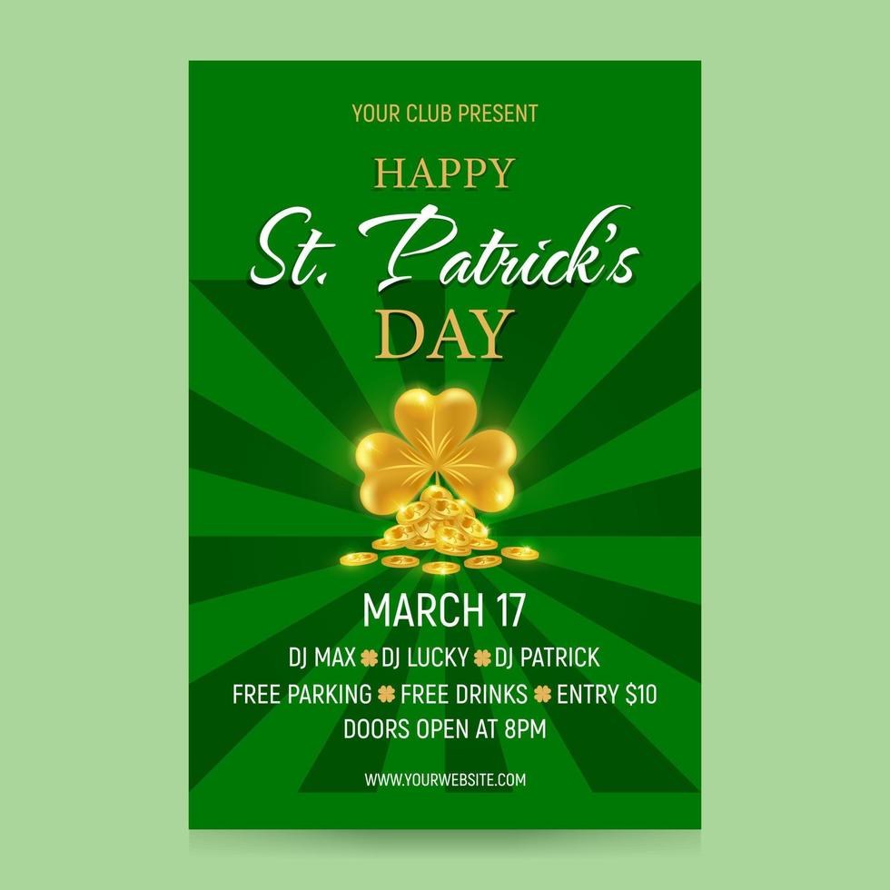 17 March St. Patrick's Day celebration poster template. Golden shamrock and a pile of golden coins on a green background. Party invitation. Vector illustration.